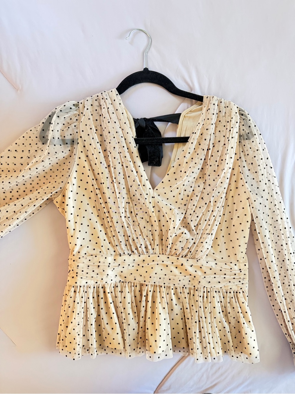 Loft Polka Dot Dress with a Black Ribbon Tie in the Back.